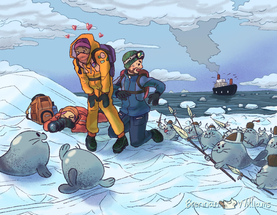 3 researchers in Antarctica fall in love with a couple of seals and take pictures of them. Behind them are seal raiders.