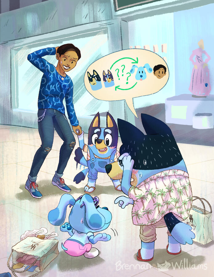 Blue dog dad mistakes his blue dog daughter with another blue dog from a man in blue.