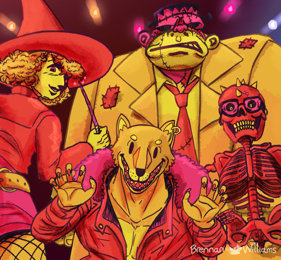 A witch, skeleton, Frankenstein monster, and werewolf