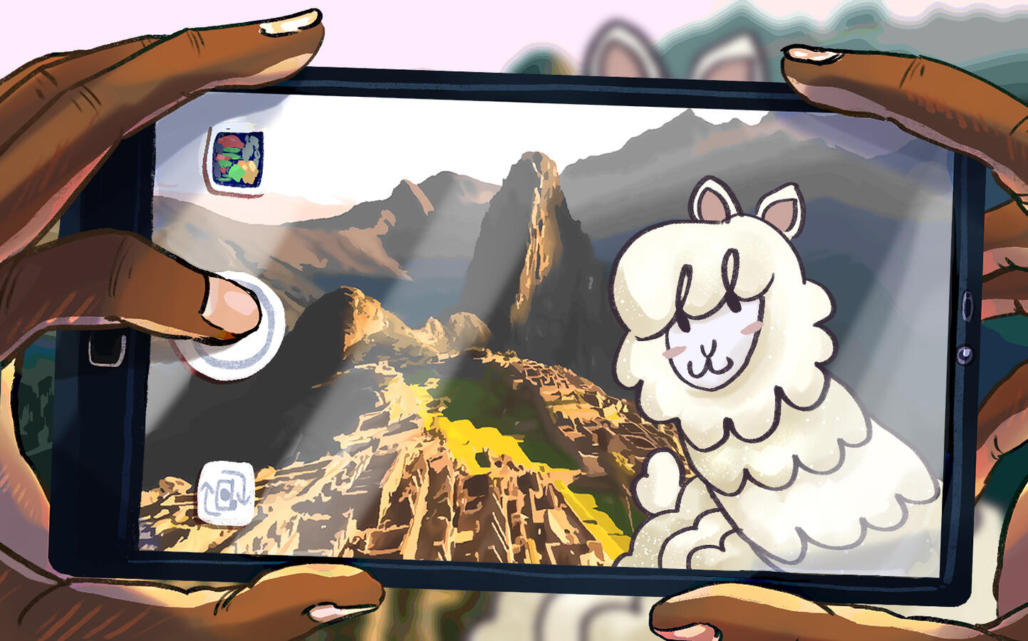 Using phone to take picture of Machu Picchu in Peru with Alpaca photobombing the shot