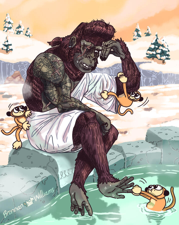 3 monkeys pushing a tatooed, scarred gorilla into the hot springs.