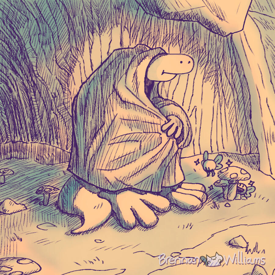 Strange creature named Gooby with blanket covering them in cave. Fairies look at his toes behind a mushroom.